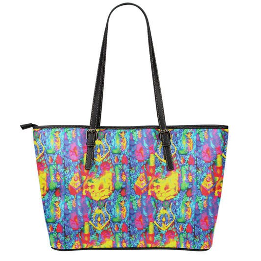Abstract Psychedelic Print Leather Tote Bag