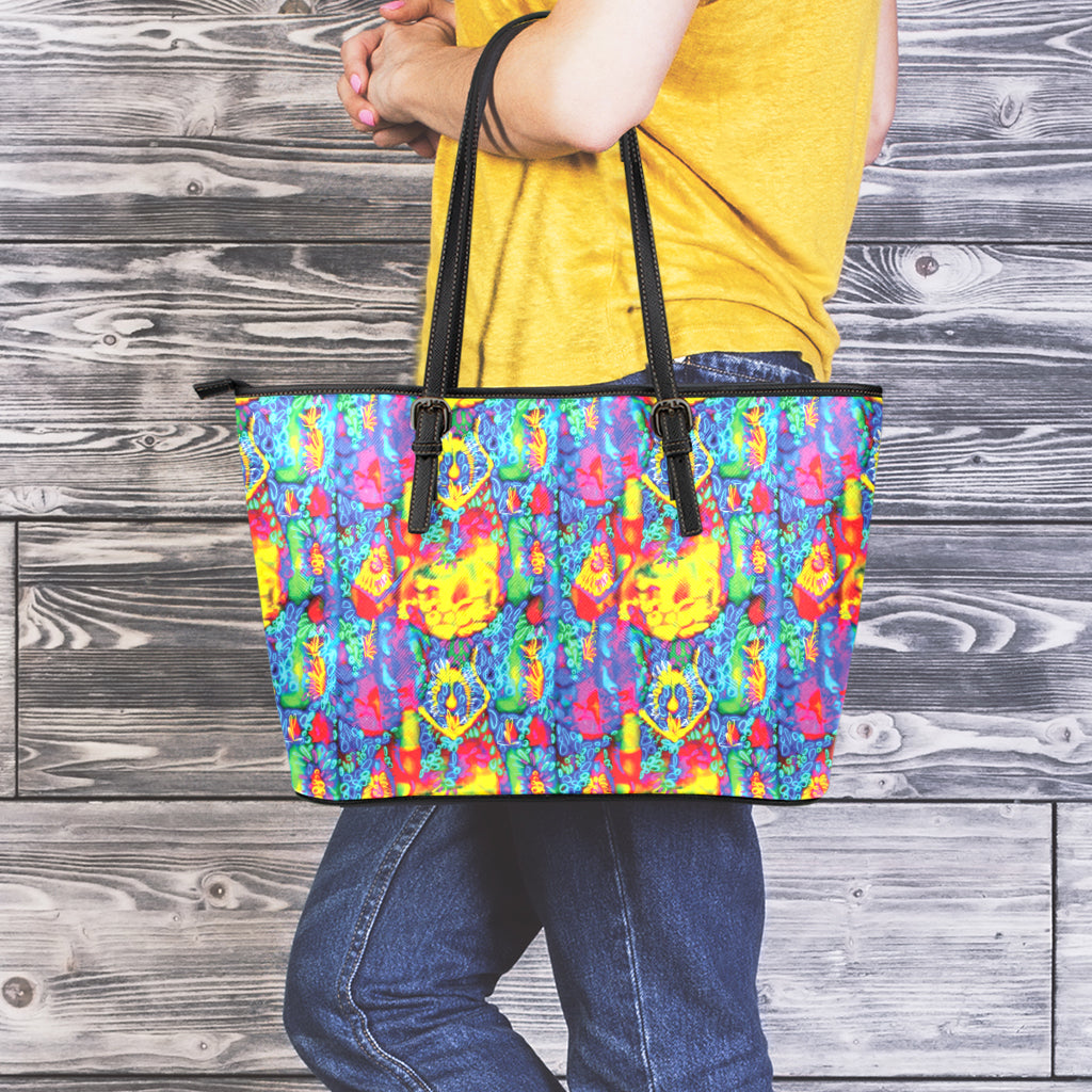 Abstract Psychedelic Print Leather Tote Bag