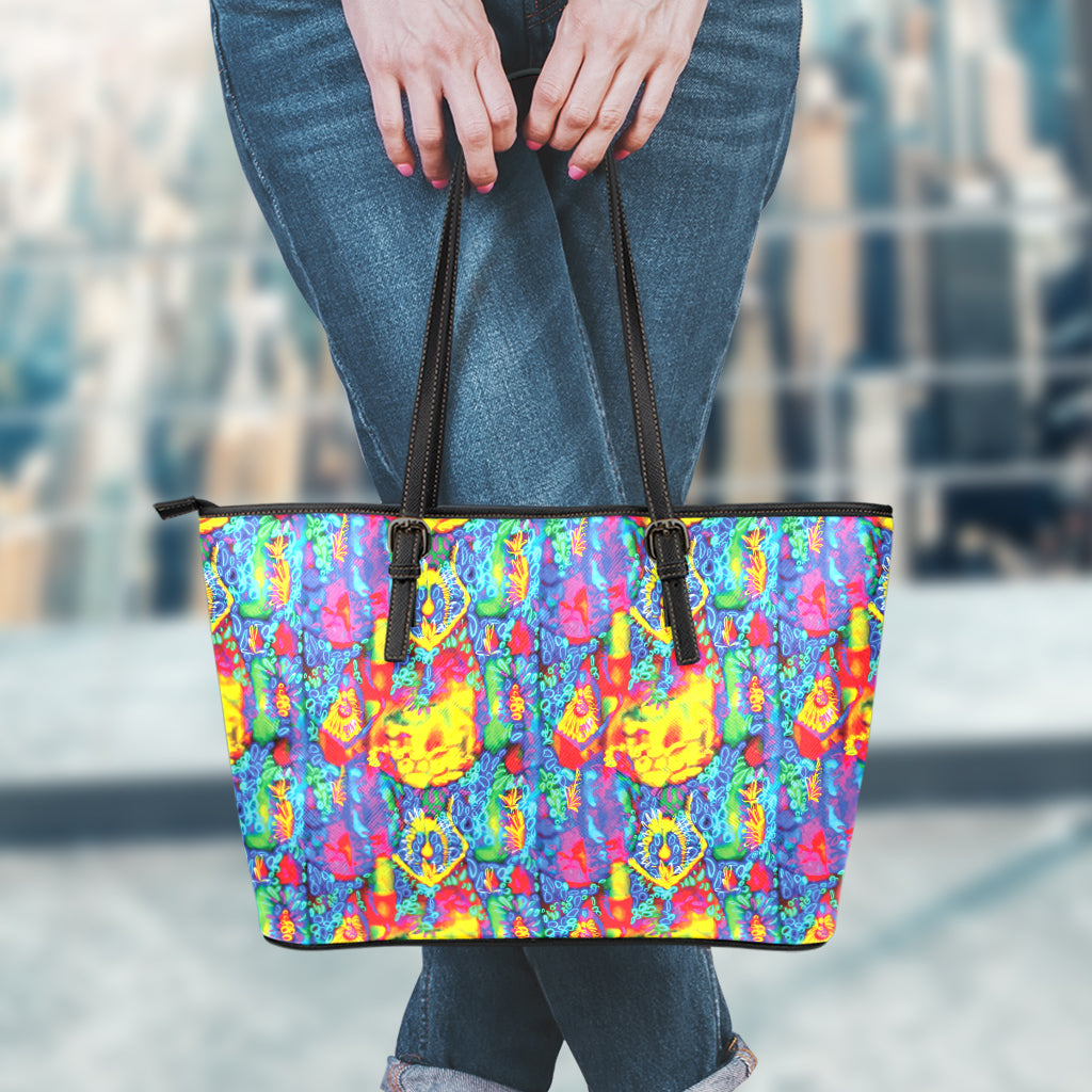 Abstract Psychedelic Print Leather Tote Bag