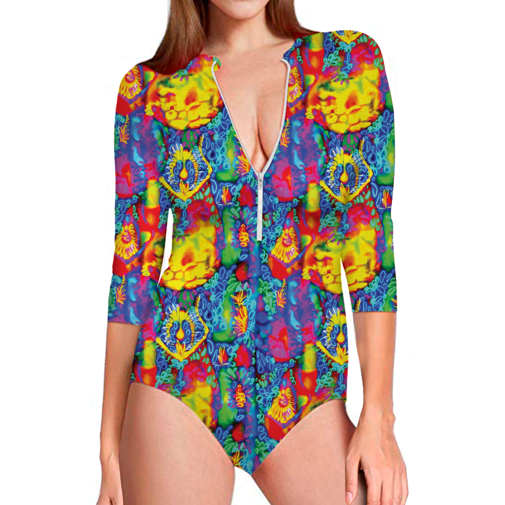 Abstract Psychedelic Print Long Sleeve Swimsuit