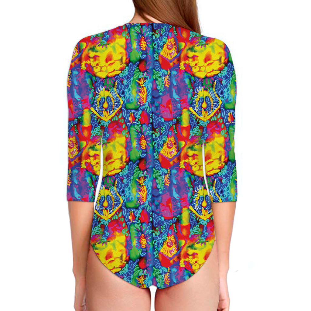 Abstract Psychedelic Print Long Sleeve Swimsuit