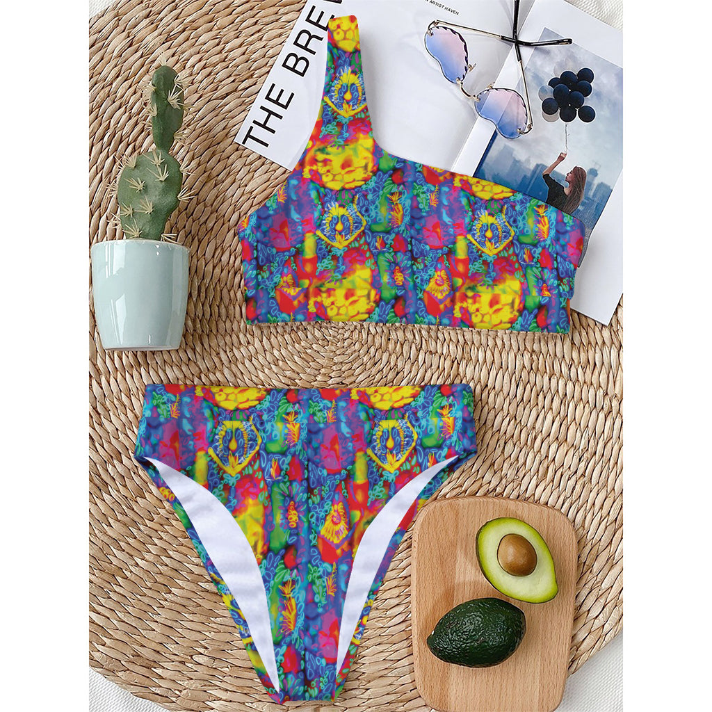 Abstract Psychedelic Print One Shoulder Bikini Top