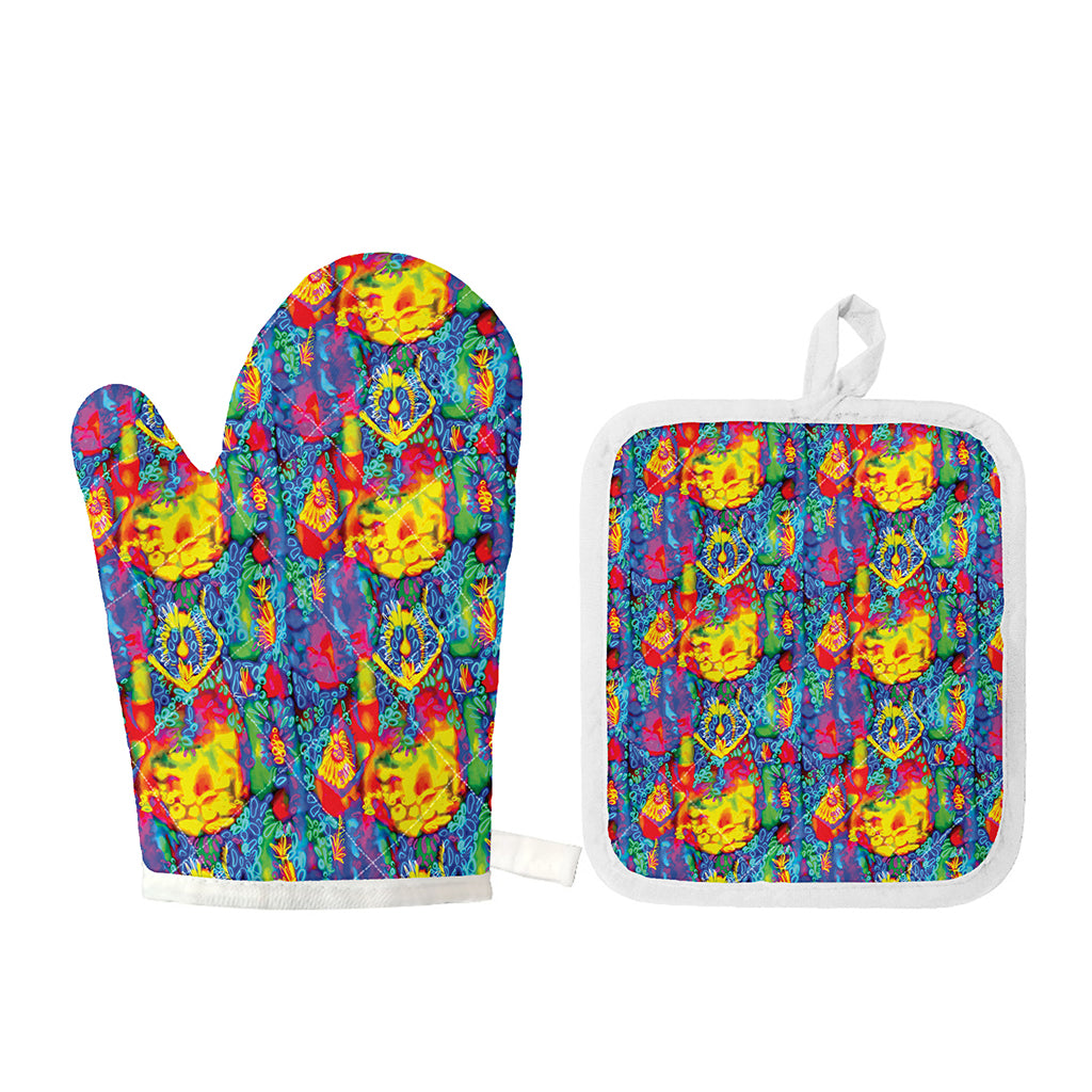 Abstract Psychedelic Print Oven Mitt And Pot Holder Set