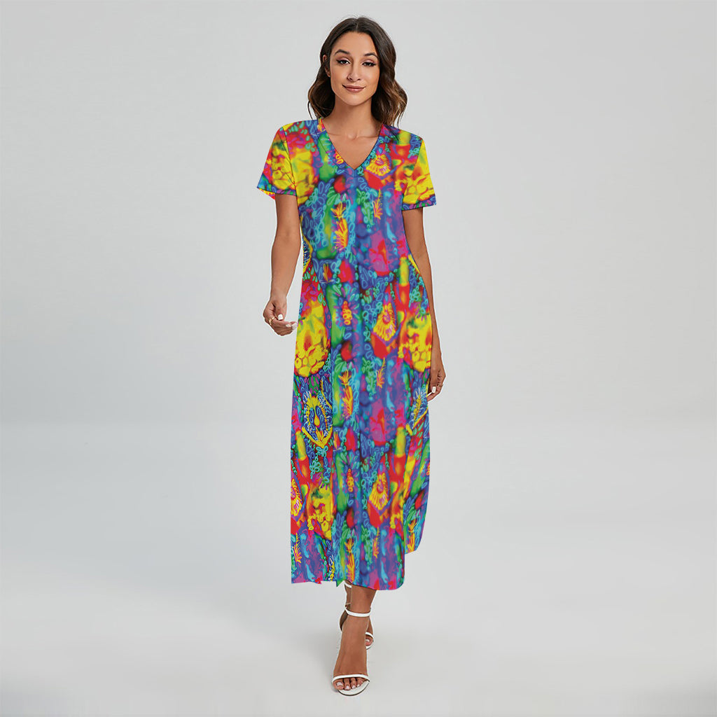 Abstract Psychedelic Print Short Sleeve Maxi Dress