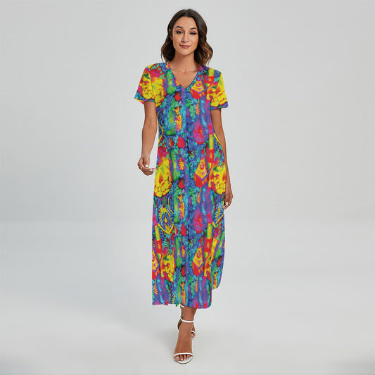 Abstract Psychedelic Print Short Sleeve Maxi Dress