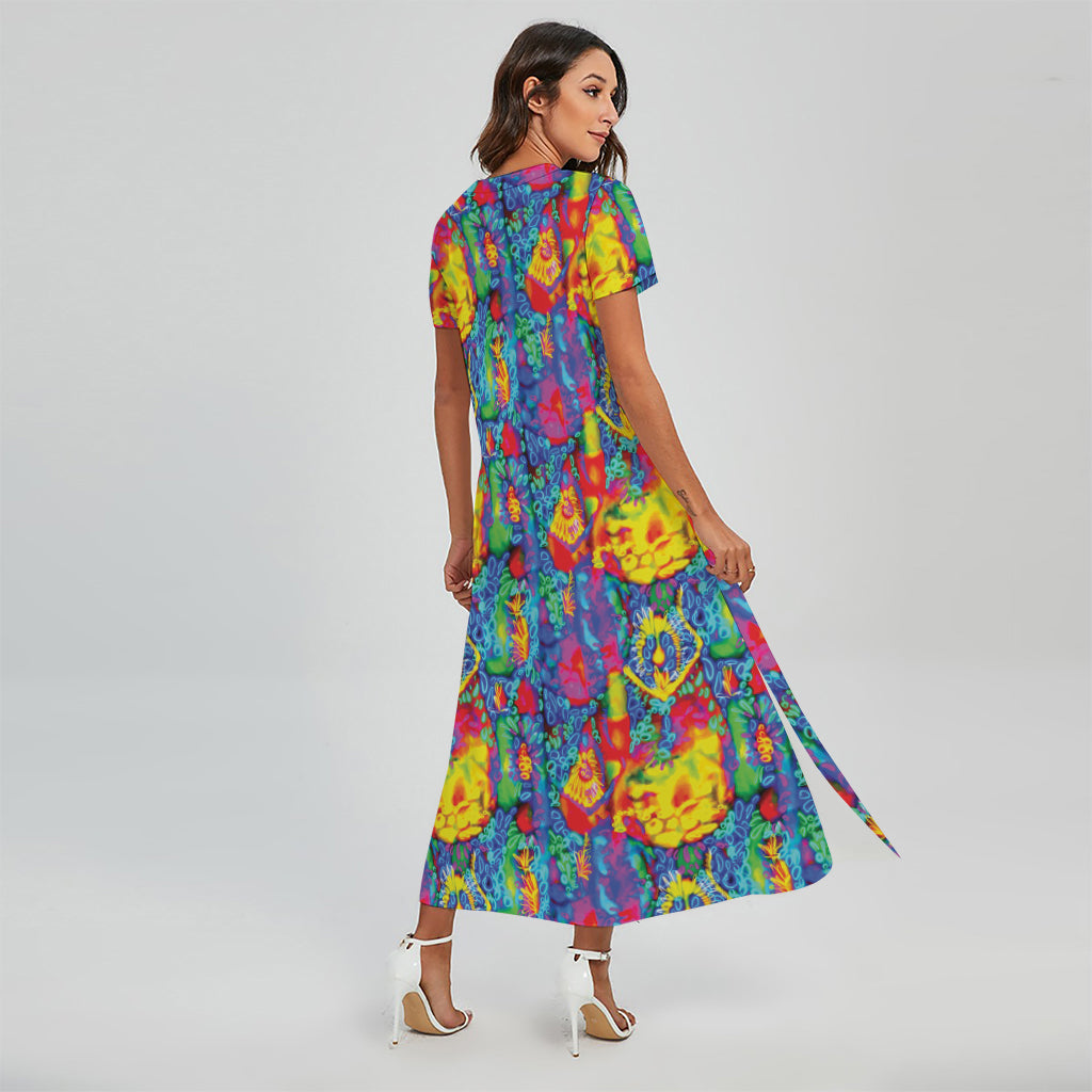 Abstract Psychedelic Print Short Sleeve Maxi Dress