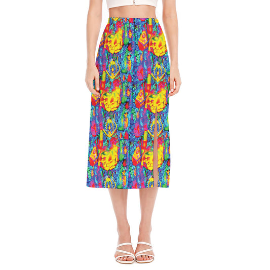 Abstract Psychedelic Print Side Slit Midi Skirt