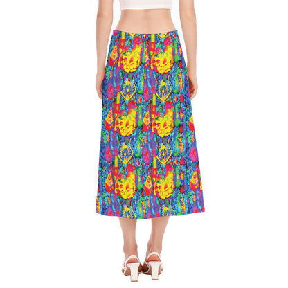 Abstract Psychedelic Print Side Slit Midi Skirt