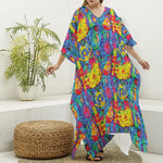Abstract Psychedelic Print Silk V-Neck Kaftan Dress