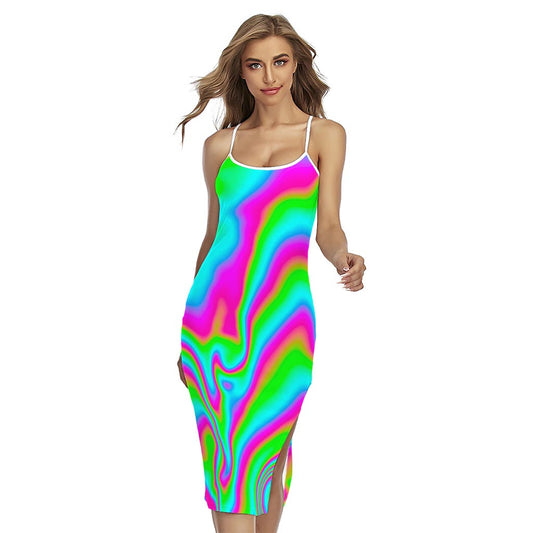 Abstract Psychedelic Trippy Print Cross Back Cami Dress