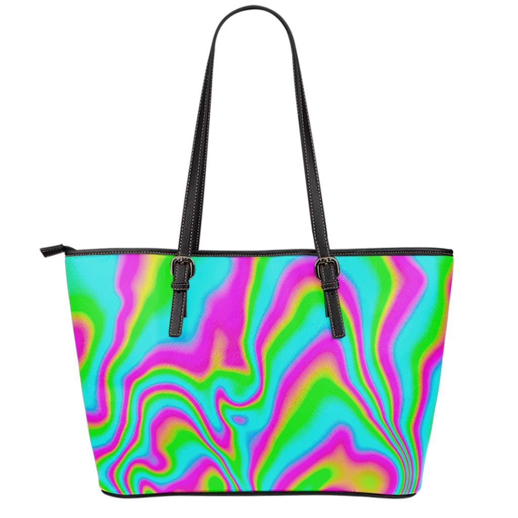 Abstract Psychedelic Trippy Print Leather Tote Bag