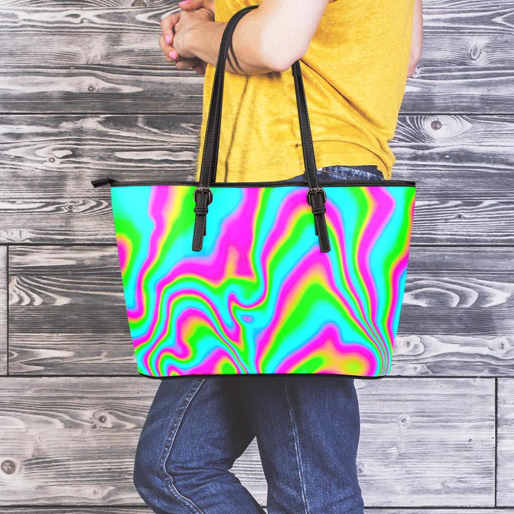Abstract Psychedelic Trippy Print Leather Tote Bag