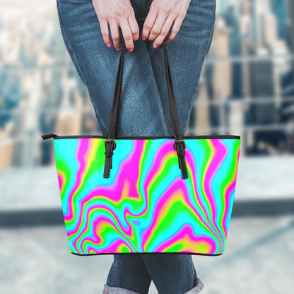 Abstract Psychedelic Trippy Print Leather Tote Bag