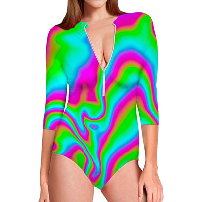 Abstract Psychedelic Trippy Print Long Sleeve Swimsuit