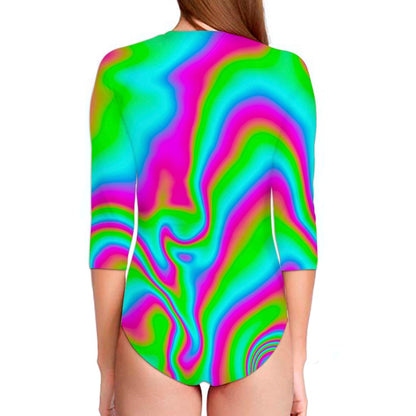 Abstract Psychedelic Trippy Print Long Sleeve Swimsuit