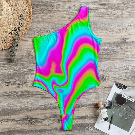 Abstract Psychedelic Trippy Print One Shoulder Bodysuit