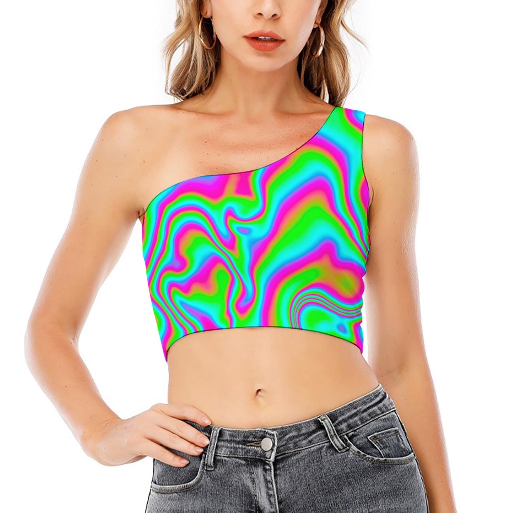 Abstract Psychedelic Trippy Print One Shoulder Crop Top