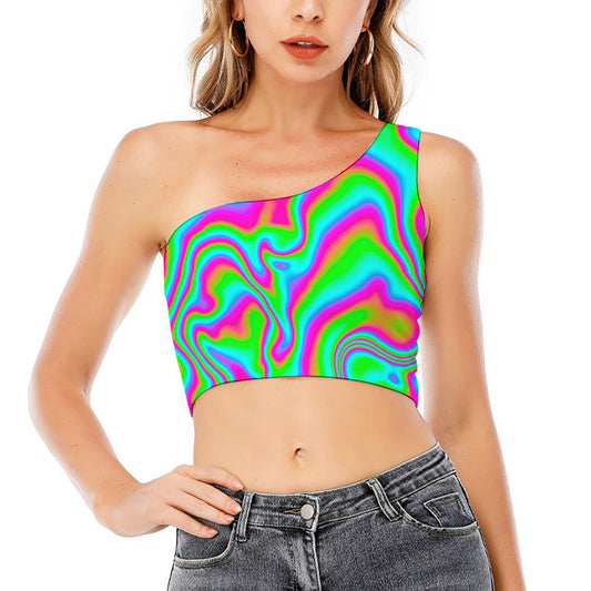 Abstract Psychedelic Trippy Print One Shoulder Crop Top