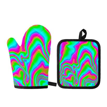 Abstract Psychedelic Trippy Print Oven Mitt And Pot Holder Set