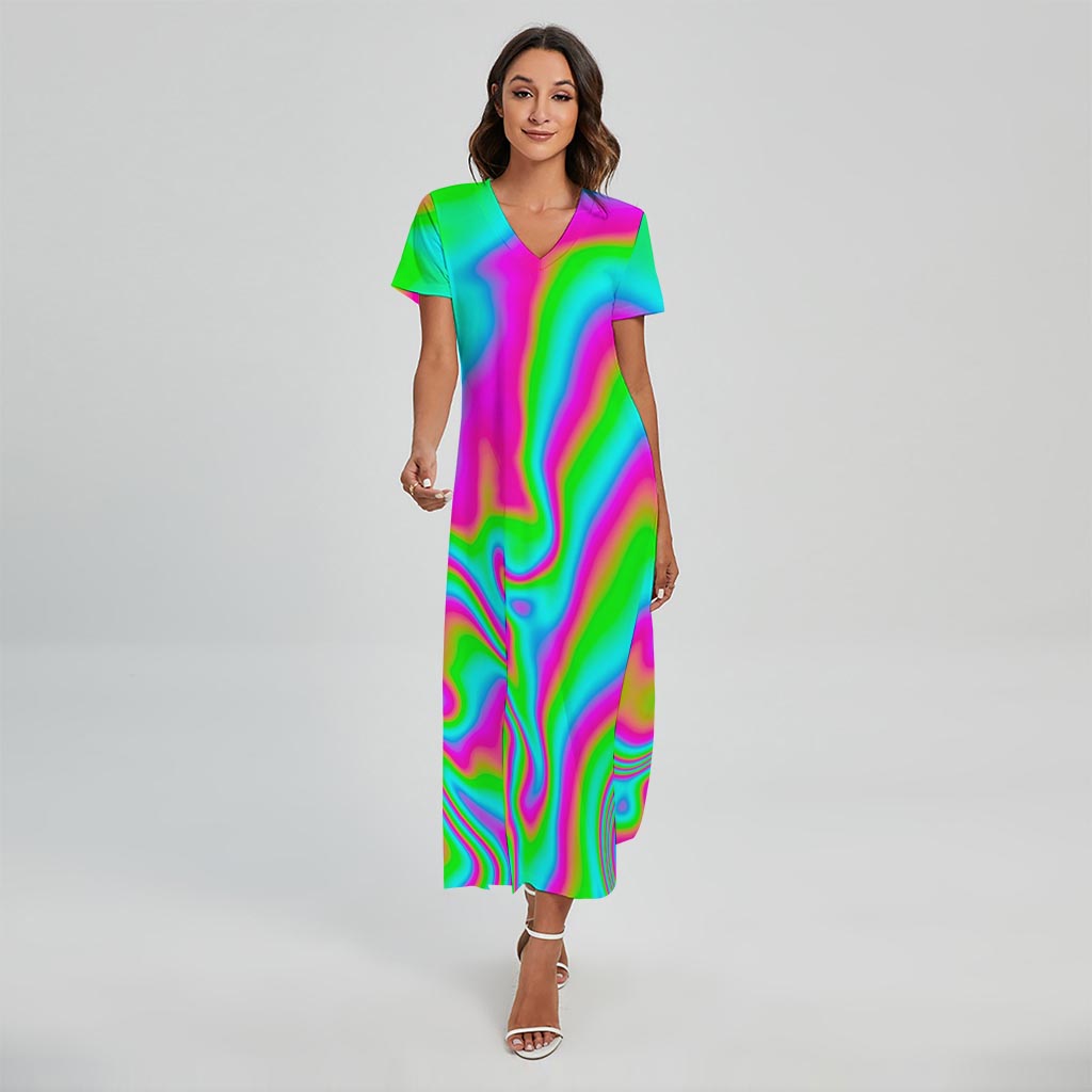 Abstract Psychedelic Trippy Print Short Sleeve Maxi Dress