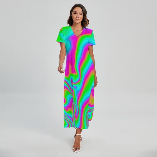 Abstract Psychedelic Trippy Print Short Sleeve Maxi Dress