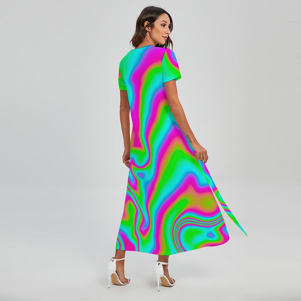Abstract Psychedelic Trippy Print Short Sleeve Maxi Dress