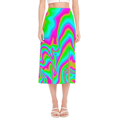 Abstract Psychedelic Trippy Print Side Slit Midi Skirt