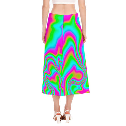 Abstract Psychedelic Trippy Print Side Slit Midi Skirt