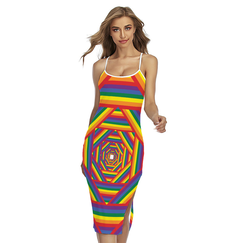 Abstract Rainbow LGBT Stripes Print Cross Back Cami Dress