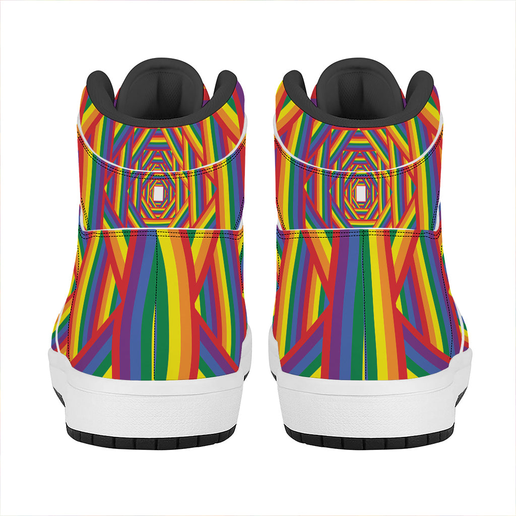 Abstract Rainbow LGBT Stripes Print High Top Leather Sneakers