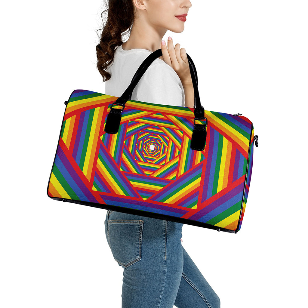 Abstract Rainbow LGBT Stripes Print Leather Duffle Bag