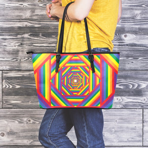 Abstract Rainbow LGBT Stripes Print Leather Tote Bag