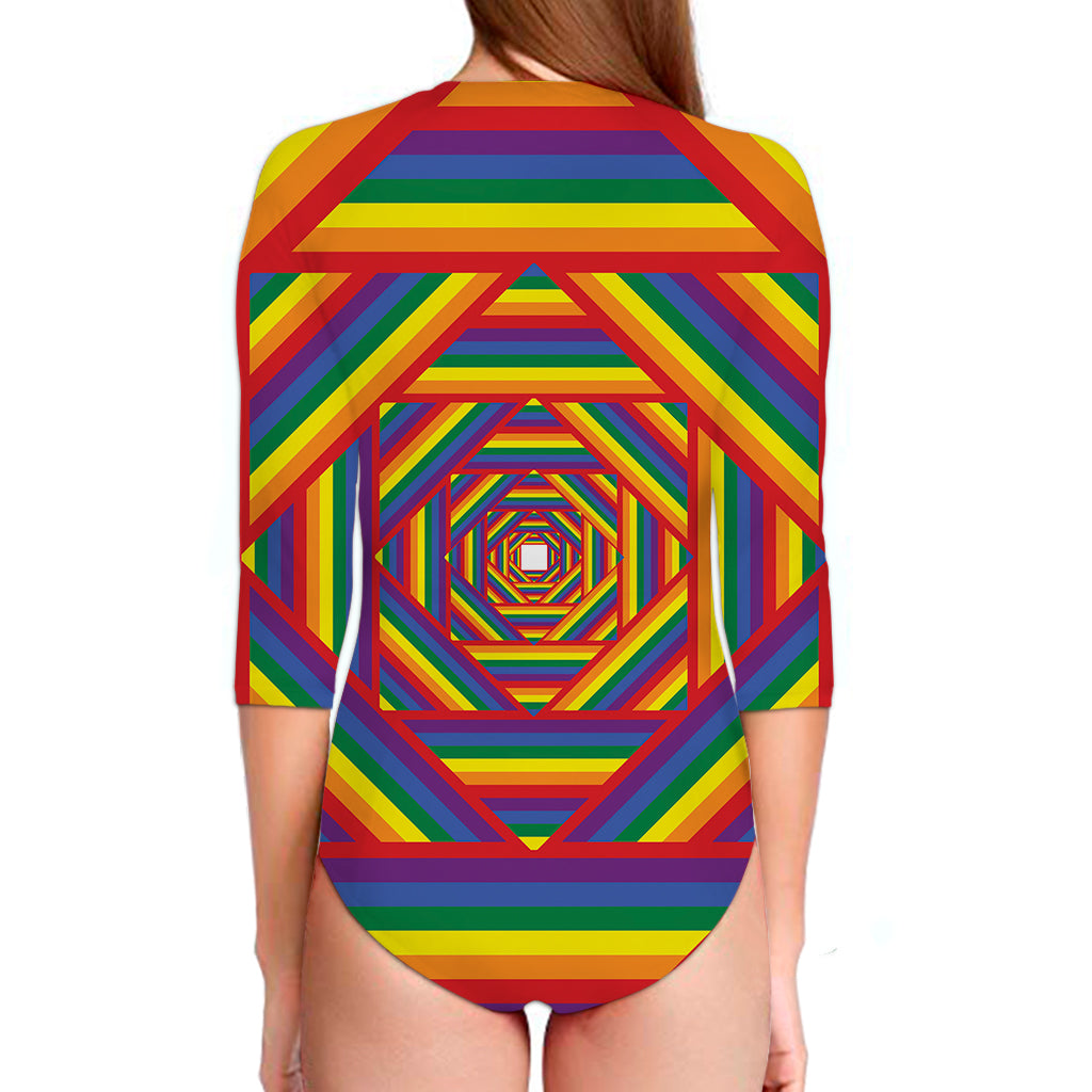 Abstract Rainbow LGBT Stripes Print Long Sleeve Swimsuit