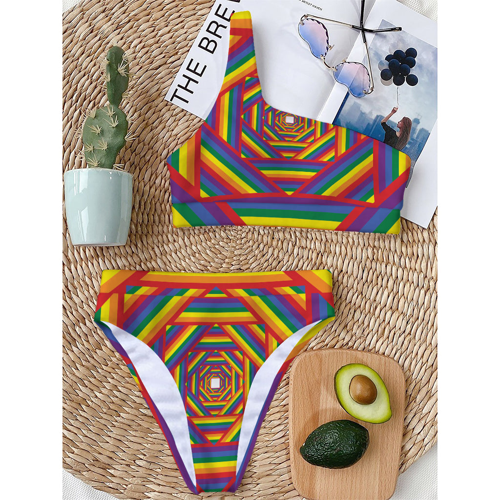 Abstract Rainbow LGBT Stripes Print One Shoulder Bikini Top