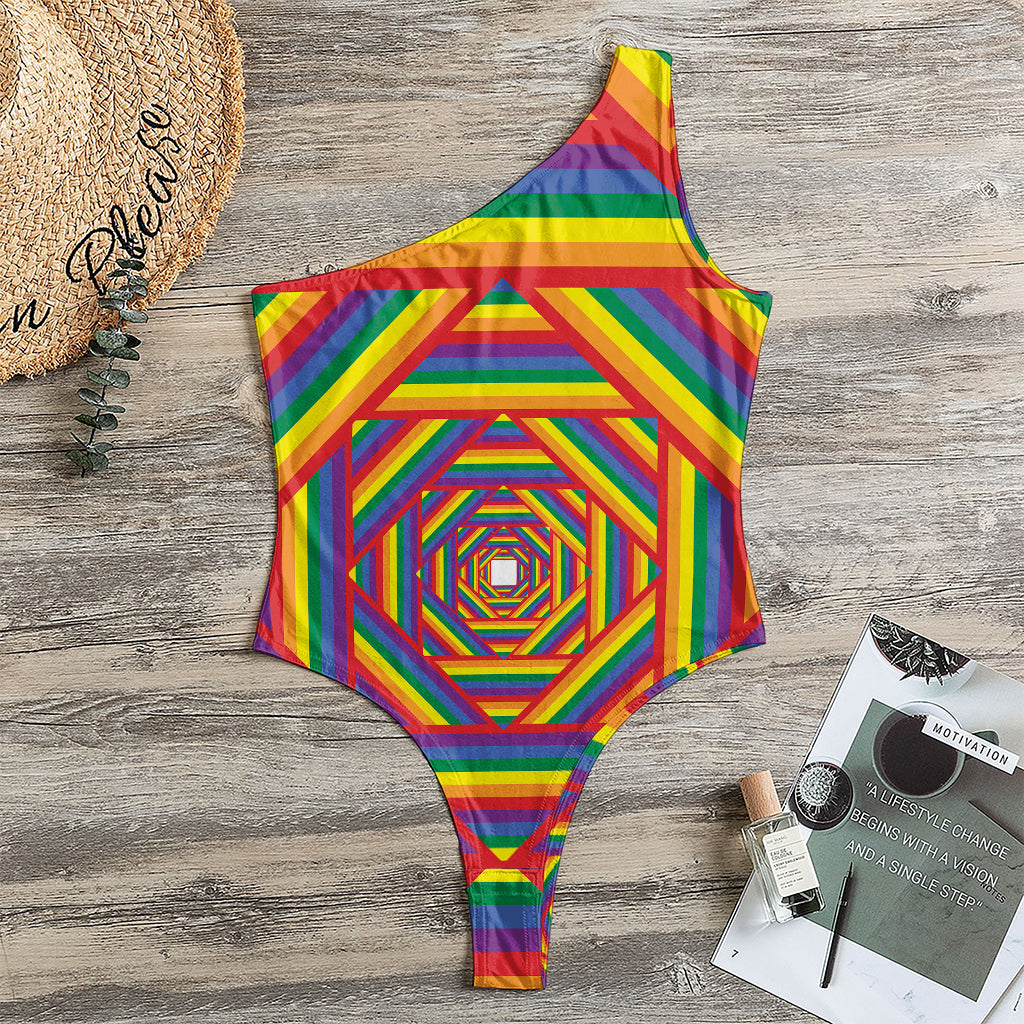 Abstract Rainbow LGBT Stripes Print One Shoulder Bodysuit