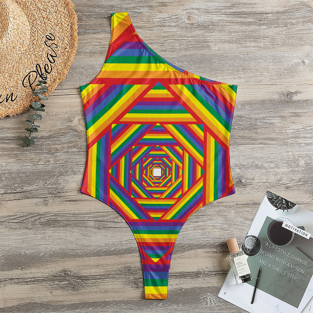 Abstract Rainbow LGBT Stripes Print One Shoulder Bodysuit