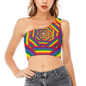 Abstract Rainbow LGBT Stripes Print One Shoulder Crop Top