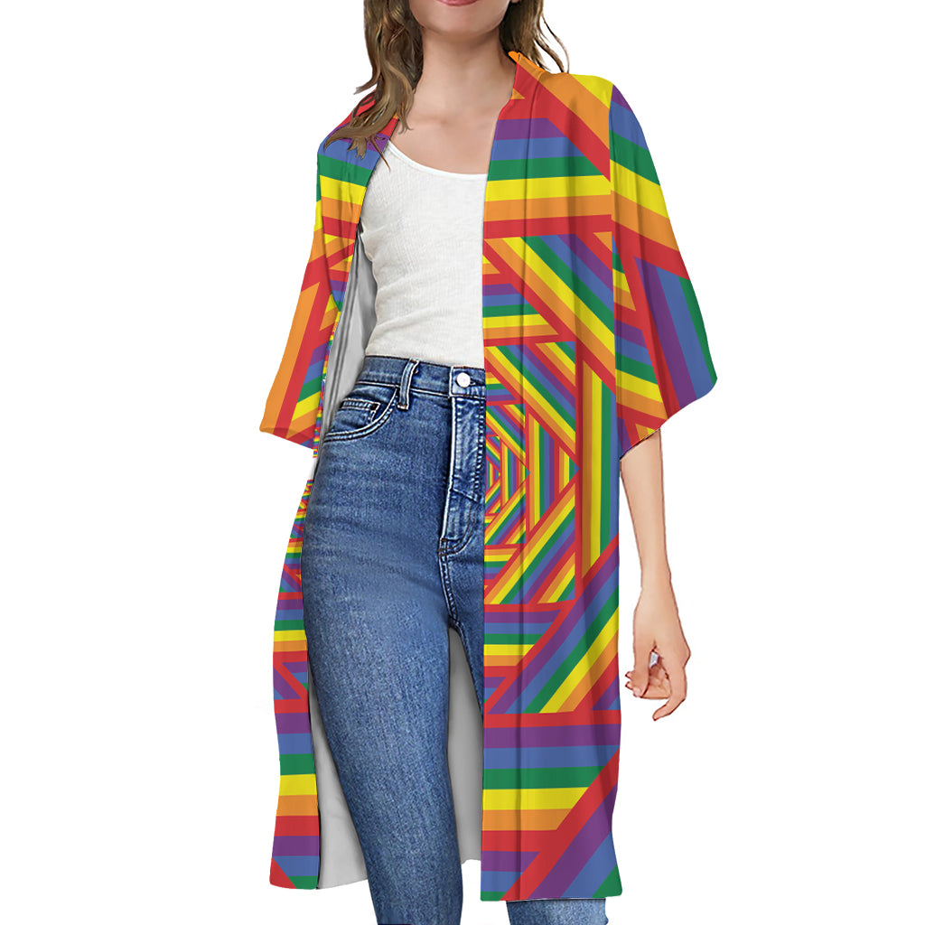 Abstract Rainbow LGBT Stripes Print Open Front Beach Cover Up