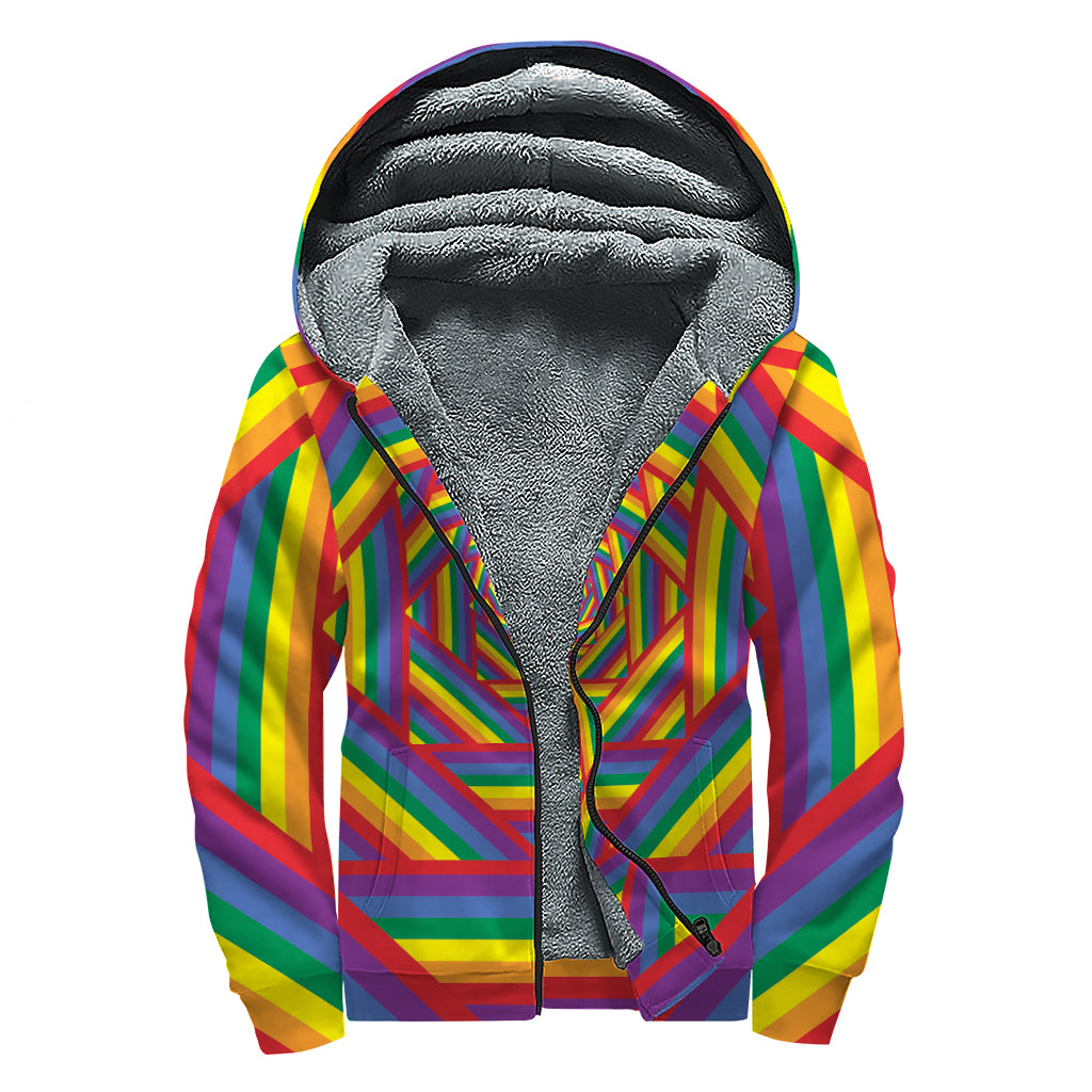 Abstract Rainbow LGBT Stripes Print Sherpa Lined Zip Up Hoodie