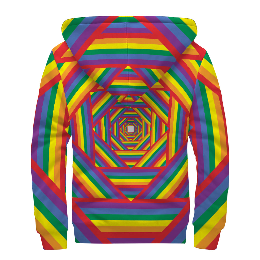 Abstract Rainbow LGBT Stripes Print Sherpa Lined Zip Up Hoodie