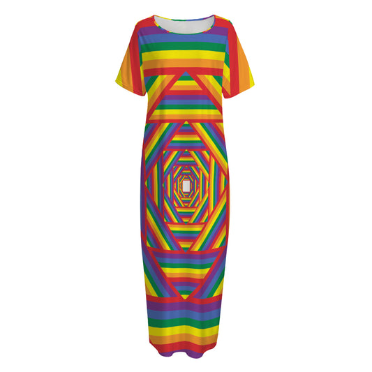 Abstract Rainbow LGBT Stripes Print Short Sleeve Long Nightdress