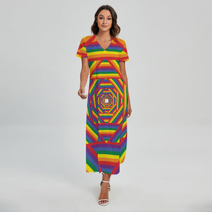 Abstract Rainbow LGBT Stripes Print Short Sleeve Maxi Dress