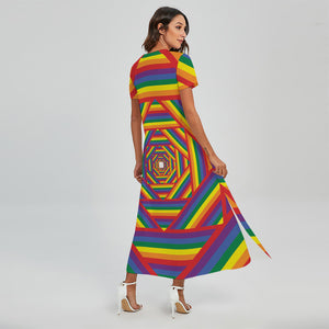 Abstract Rainbow LGBT Stripes Print Short Sleeve Maxi Dress