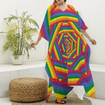 Abstract Rainbow LGBT Stripes Print Silk V-Neck Kaftan Dress