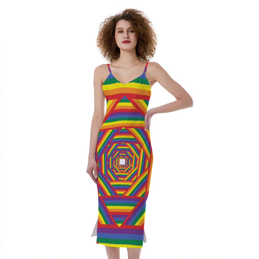 Abstract Rainbow LGBT Stripes Print Slim Fit Midi Cami Dress