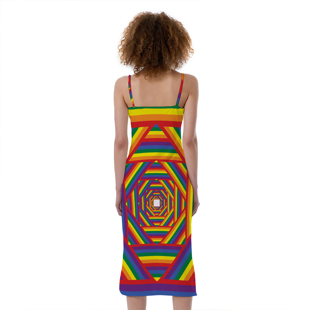 Abstract Rainbow LGBT Stripes Print Slim Fit Midi Cami Dress