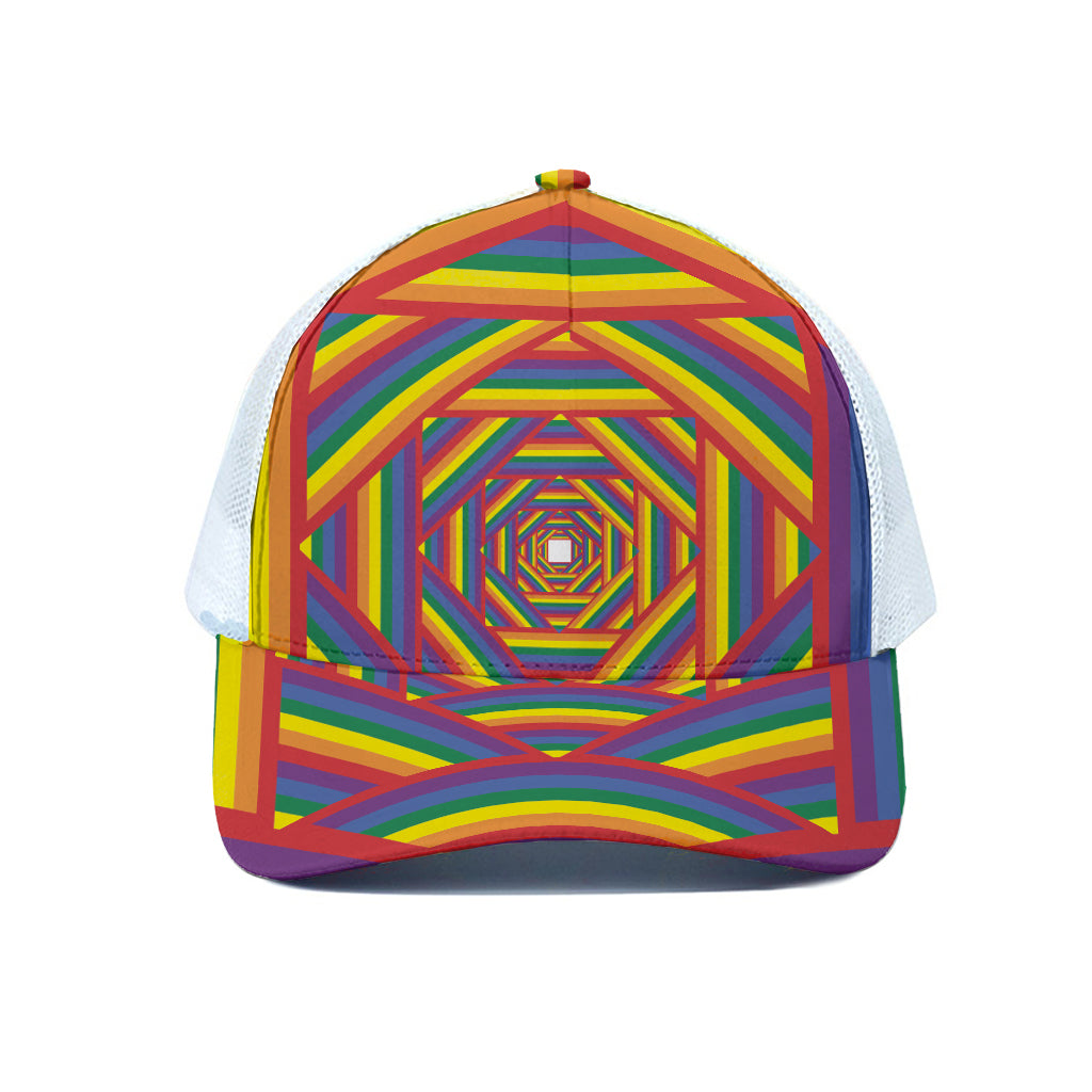 Abstract Rainbow LGBT Stripes Print White Mesh Trucker Cap