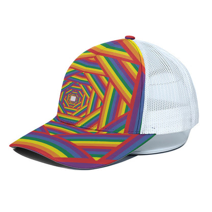 Abstract Rainbow LGBT Stripes Print White Mesh Trucker Cap