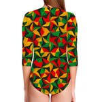 Abstract Reggae Pattern Print Long Sleeve Swimsuit