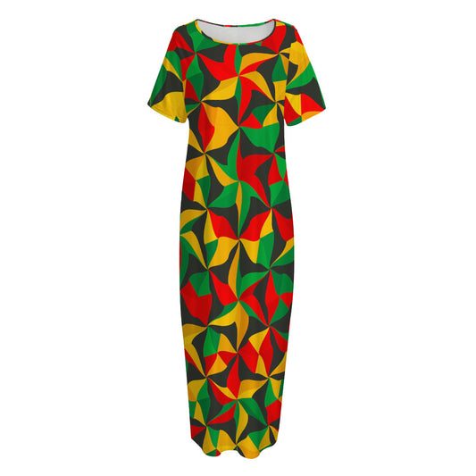 Abstract Reggae Pattern Print Short Sleeve Long Nightdress